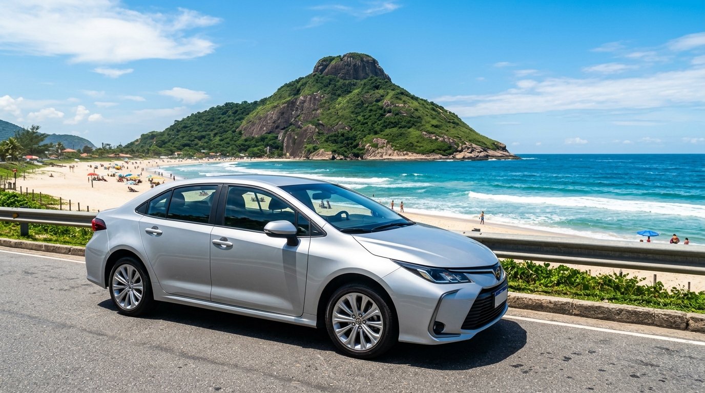 Carro protegido estacionado na praia do Recreio dos Bandeirantes, com Pedra do Pontal ao fundo.
